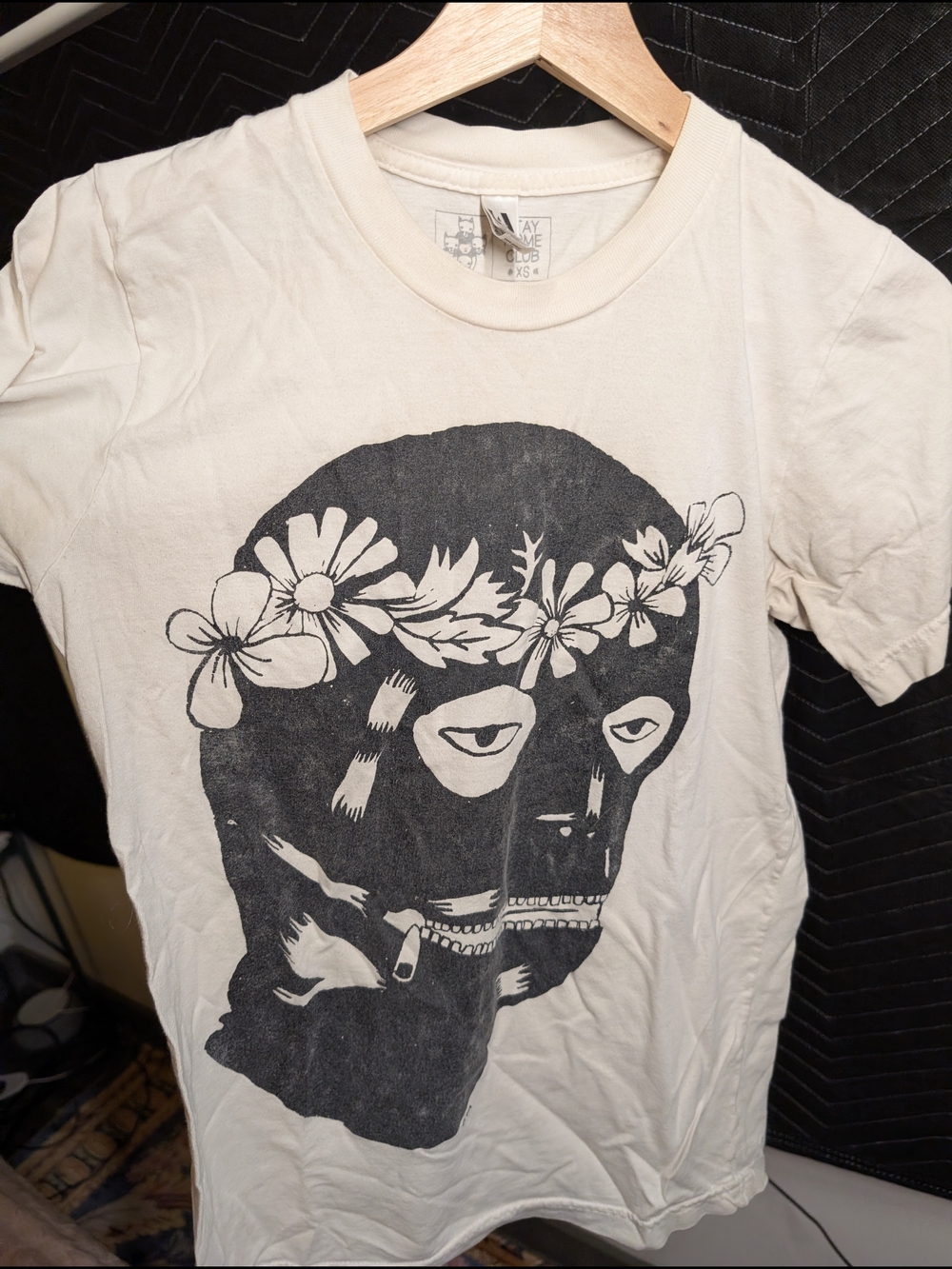 Stay Home Club Gimp Graphic Tee with Black Floral Mask Design